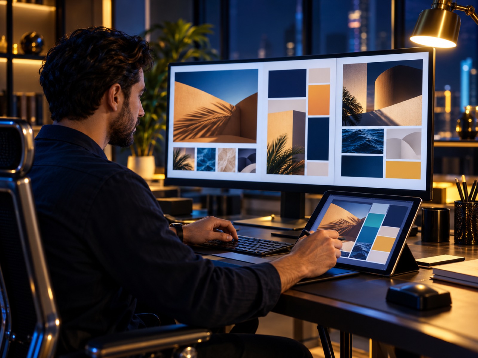 Designer reviewing ad creatives and landing page layouts